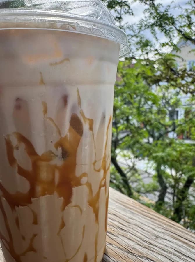 An iced caramel latte from Coffee Baby